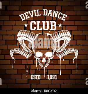 Rock Club or Rock recording label Emblem. Human Skull with horns on the brick wall with wordings. Vector illustration. Stock Vector