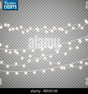 Christmas lights isolated on transparent background. Set of golden xmas glowing garland. Vector illustration Stock Vector