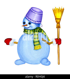 a cheerful snowman with white coal eyes with a scarf and broom in hand, hand-painted with gouache Stock Photo