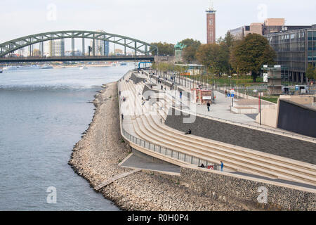 the Rhine boulevard in the district Deutz, Cologne, Germany. The large perron on the banks of the river Rhine between the the Hohenzollern Bridge and  Stock Photo