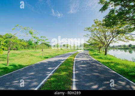 Asphalt road in countryside. Route in beautiful nature landscape with sun, blue sky and green grass. Stock Photo