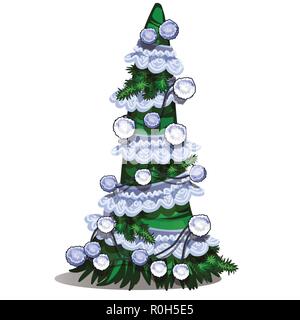 Cartoon topiary in the form of a cone Christmas tree with bauble, white lace ribbon and pompons. Sketch for greeting card, festive poster, party invitation. Attribute of Christmas and New year. Vector Stock Vector