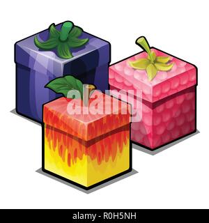 A set of boxes with decoration in the form of vegetables and fruits isolated on white background. Design ideas packing gifts. Vector illustration. Stock Vector