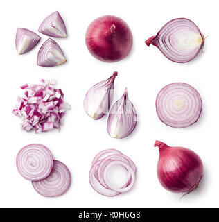 Set of whole and sliced red onions isolated on white background. Top view Stock Photo