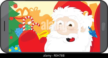 a vector cartoon representing a funny and modern Santa Claus taking himself a selfie and posing in his workshop, in the middle of presents Stock Vector