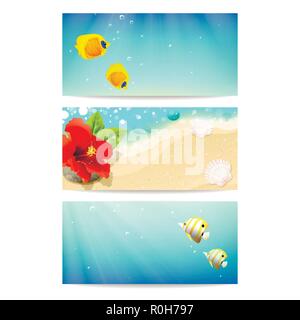 banners with sea, beach, coral fishes and red hibiscus Stock Vector