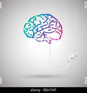 brain with electric wire and plug on a light background Stock Vector