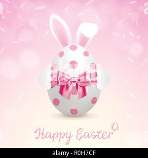Easter greeting card with a bunny hiding behind an Easter egg on a pink background Stock Vector