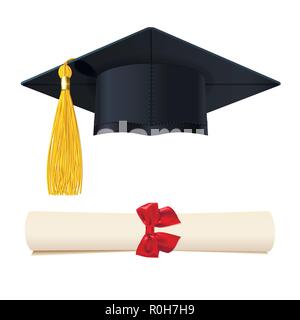 graduate cap with a diploma in the scroll on a white background Stock Vector