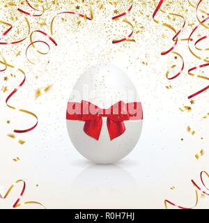 greeting card with easter egg and golden confetti on light background Stock Vector
