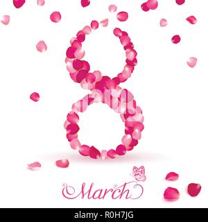 greeting card with number eight of pink rose petals on white background Stock Vector