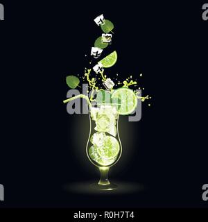 mojito cocktail with lime and ice cubes on a black background Stock Vector