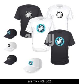 print of marlin fish on T-shirt and cap in white and black Stock Vector