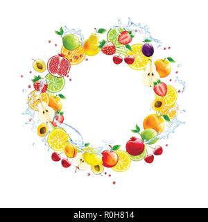 round banner of fresh fruits on a white background Stock Vector