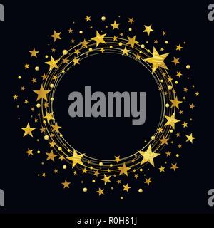 round wreath of gold stars on a black background Stock Vector