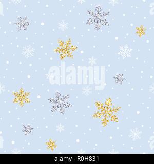 seamless pattern with sparkling gold and silver snowflakes on a light background Stock Vector