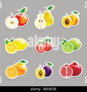 set of labels from  bright fruits and their halves on a gray background Stock Vector