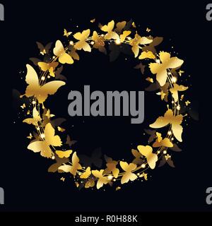 wreath of golden butterflies on a black background Stock Vector