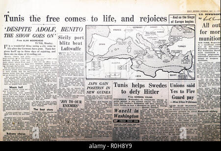 North Africa map and article Tunisia in the Second World War 2 WWII Daily Express newspaper 'Tunis the free comes to life and rejoices' May 13 1943 Stock Photo