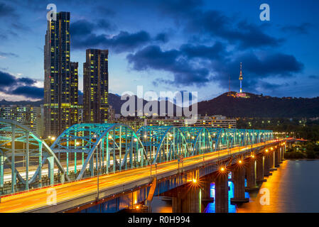 night view of seoul by han river in south korea Stock Photo