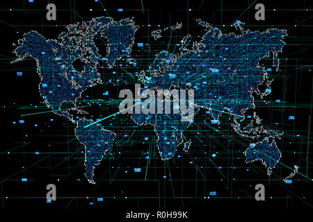 Abstract mash line and point scales on dark background with map of world. Stock Photo