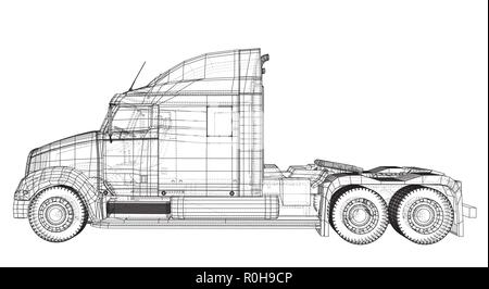 Truck, Oil trailer. Gasoline tanker. Created illustration of 3d. Wire-frame. Stock Vector