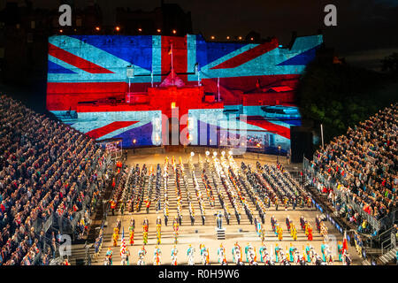Large Union flag projected onto Edinburgh Castle during Edinburgh International Military Tattoo part of Edinburgh International Festival 2018 Stock Photo