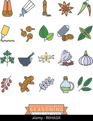 Spices, condiments and seasoning vector filled line icon set Stock Vector