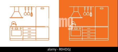 Vector line icon drawing design project fragment of a compact modular kitchen on a white and orange background Stock Vector