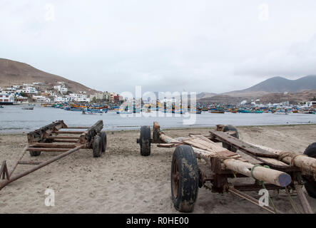 Lima, Boats in traditional fisher harbor of Pucusana. Stock Photo