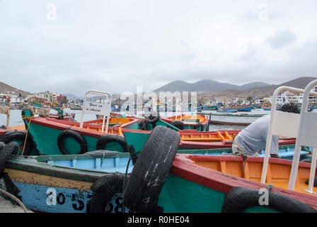 Lima, Boats in traditional fisher harbor of Pucusana. Stock Photo
