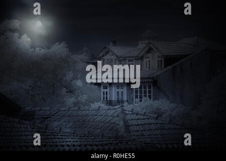 Old spooky house in a full moon night Stock Photo