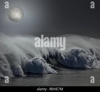 Big stormy detaled wave in a misty full moon night Stock Photo