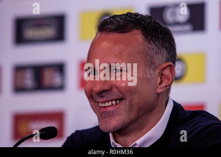 Cardiff, Wales. 5th November, 2018. Wales manager Ryan Giggs faces the media after announcing his senior squad to face Denmark in the UEFA Nations League. Lewis Mitchell/YCPD. Credit: Lewis Mitchell/Alamy Live News Stock Photo
