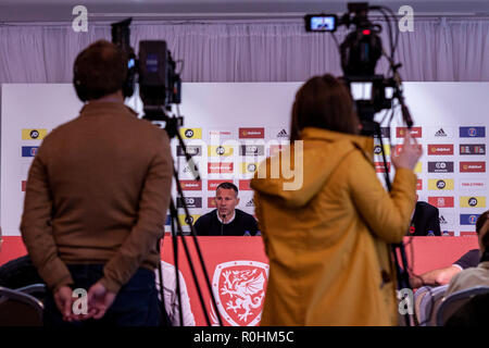 Cardiff, Wales. 5th November, 2018. Wales manager Ryan Giggs faces the media after announcing his senior squad to face Denmark in the UEFA Nations League. Lewis Mitchell/YCPD. Credit: Lewis Mitchell/Alamy Live News Stock Photo