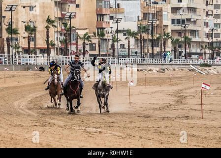 November 4, 2018 - Saida, Lebanon - Jockeys are seen competing during the horse race..Horse race at the Saida festival for speed, held on a public town beach, organised by a joint effort from the municipality of Sidon and the Ride-Along Club. (Credit Image: © Elizabeth Fitt/SOPA Images via ZUMA Wire) Stock Photo