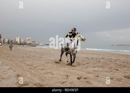 November 4, 2018 - Saida, Lebanon - A jockey seen competing during the horse race..Horse race at the Saida festival for speed, held on a public town beach, organised by a joint effort from the municipality of Sidon and the Ride-Along Club. (Credit Image: © Elizabeth Fitt/SOPA Images via ZUMA Wire) Stock Photo