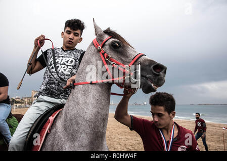 November 4, 2018 - Saida, Lebanon - A jockey seen preparing his horse before the horse race..Horse race at the Saida festival for speed, held on a public town beach, organised by a joint effort from the municipality of Sidon and the Ride-Along Club. (Credit Image: © Elizabeth Fitt/SOPA Images via ZUMA Wire) Stock Photo