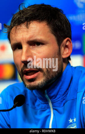 London, UK. 5th Nov 2018. PSV Eindhoven Manager Mark van Bommel  speaks to the press.PSV Eindhoven FC team press conference, UEFA Champions league, at Wembley Stadium in London on Monday 5th November 2018. the team are preparing ahead of tomorrow's match against Tottenham Hotspur. this image may only be used for Editorial purposes. Editorial use only, license required for commercial use. No use in betting, games or a single club/league/player publications . pic by Steffan Bowen/Andrew Orchard sports photography/Alamy Live news Stock Photo