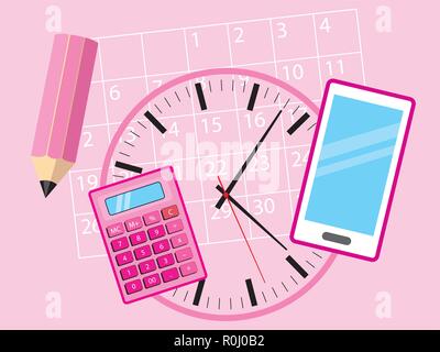 Office objects for busy business woman - cell phone, calculator, calendar, clock and pencil lying on a pink background - concept illustration Stock Vector
