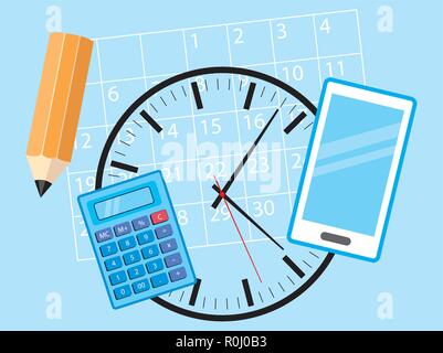 Office objects for busy business man - cell phone, calculator, calendar, clock and pencil lying on a blue background - vector concept illustration Stock Vector