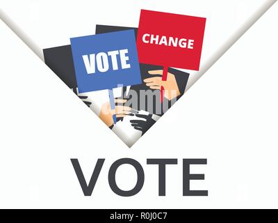 Voter support, people with posters. Check mark. Election campaign. Vector illustration Stock Vector