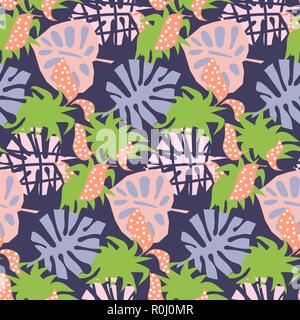 Purple tropical exotic leaves abstract collage style. Seamless vector wallpaper and textile print pattern. Stock Vector