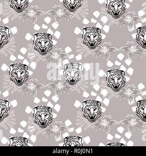 Vector seamless pattern with tiger heads and flowers on gray taupe dotted background. Fabric design for tshirts and blouses. Stock Vector
