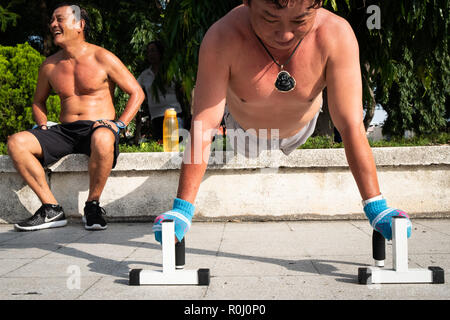 A Vietnamese man doing pushups in an early morning work-out, Ho Chi Minh City, Vietnam. Stock Photo