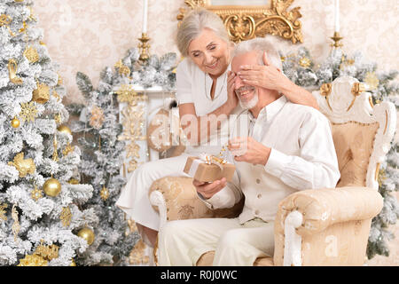 Portrait of woman surprising man with Christmas present Stock Photo