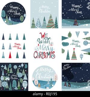 Merry Christmas and Happy New Year Postcards Set. Hand drawn lettering. Winter forest. Elements for greeting card, poster, banners. T-shirt, notebook and sticker design Stock Vector