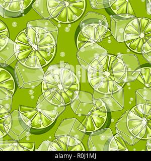 Seamless pattern with limes. Ice cubes and soda bubbles. Stock Vector