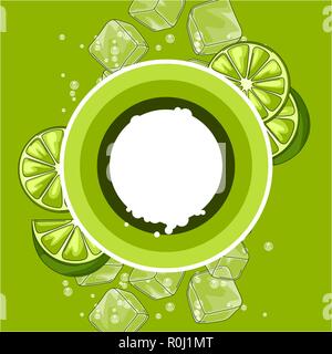 Background with limes. Ice cubes and soda bubbles. Stock Vector