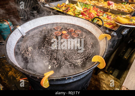 Hot mulled wine in christmas market in Budapest, Hungary Stock Photo